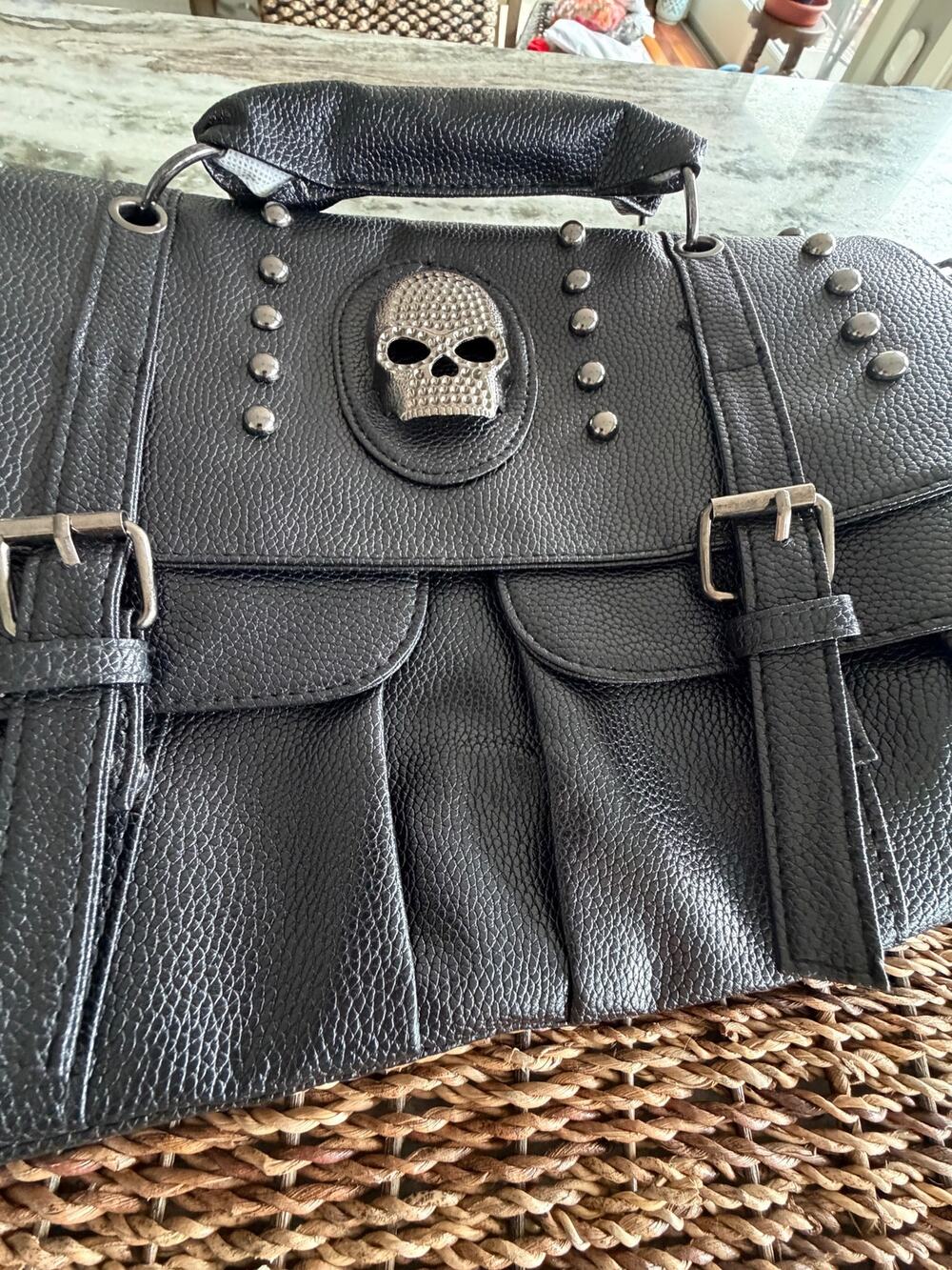 Gothic Skull Satchel Handbag Black Studded Faux Leather Punk Rock Purse